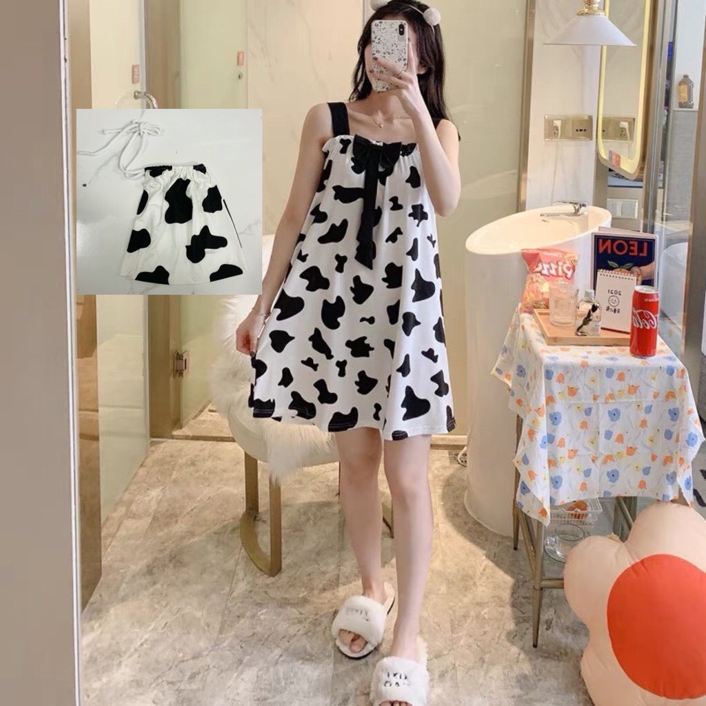 Váy Ngủ- Đầm Mặc Nhà nữ 2 dây họa tiết Bò Sữa chất cotton mềm mát  V291
