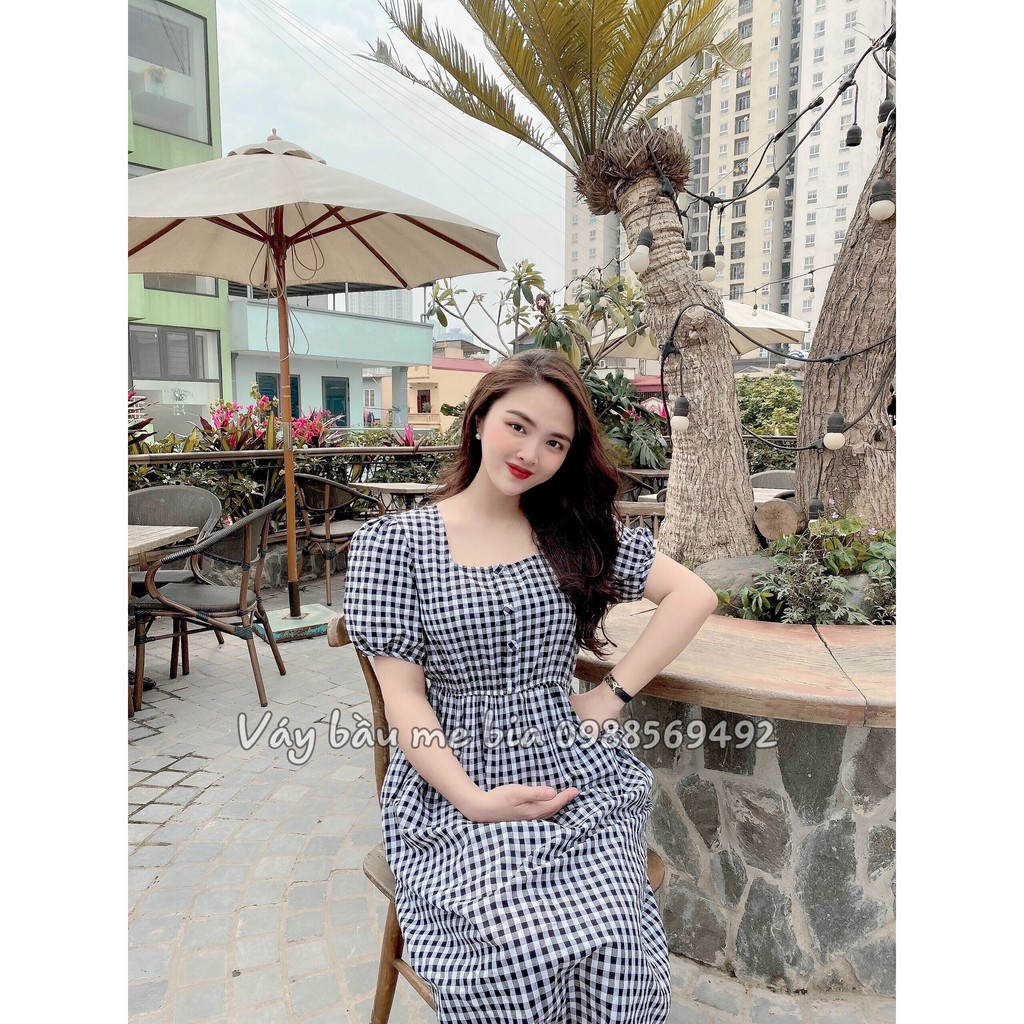 Váy bầu bigsize - Đầm bầu thiết kế GuMe kẻ caro cổ vuông cúc bọc kiểu dáng babydoll chất vải thô cotton mềm_MB228