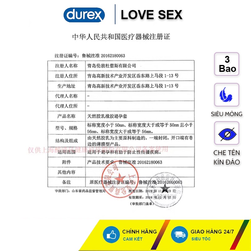 Bao cao su siêu mỏng, hương liệu thơm. Bao cao su Durex Fether Feel 3 bao.