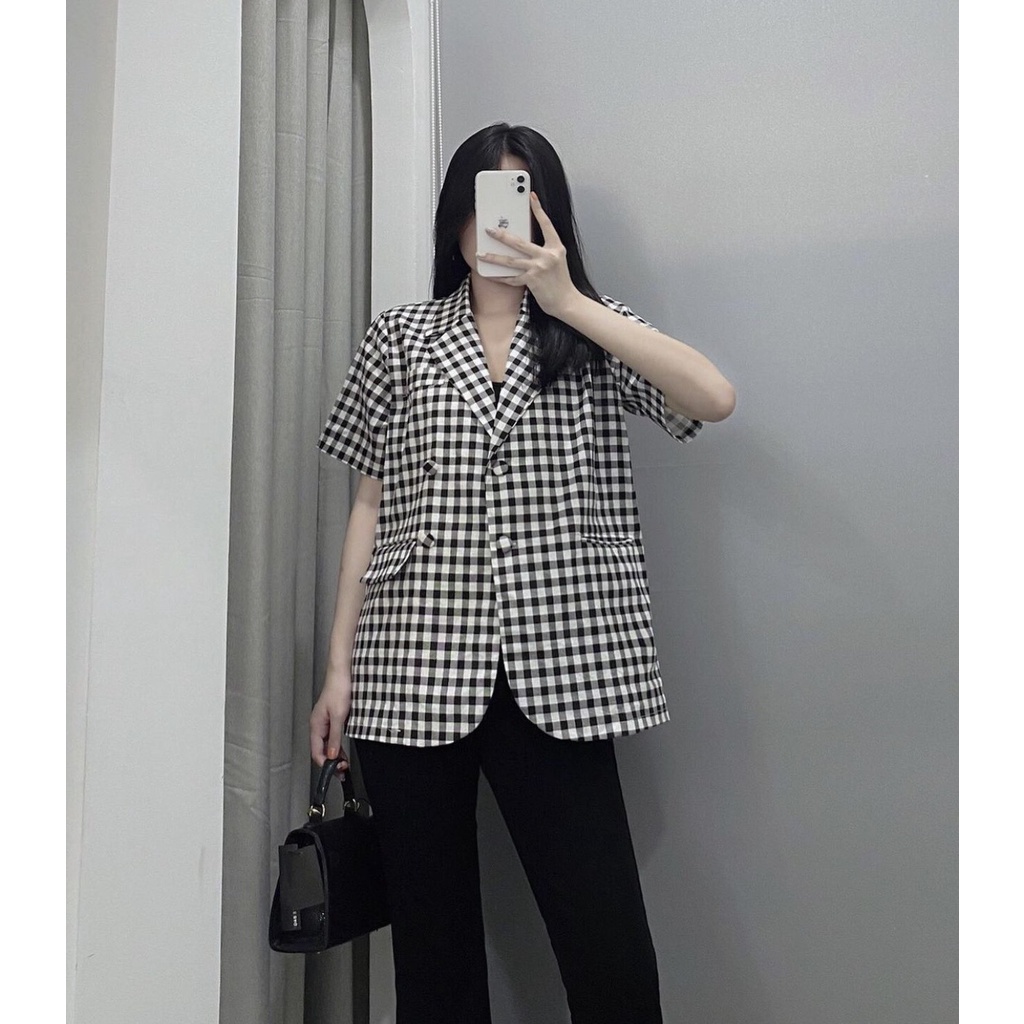 Áo BLAZER nữ TAY NGẮN túi nắp, áo vest khoác ngoài họa tiết caro, áo vest 1 lớp style Hàn Quốc | BigBuy360 - bigbuy360.vn
