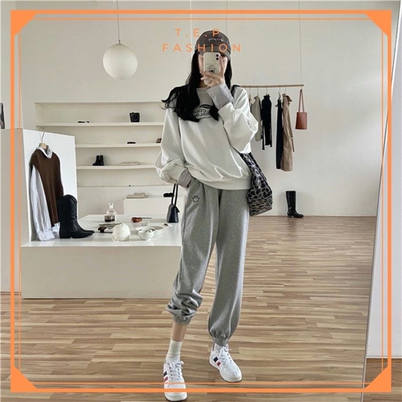 Quần Jogger Thêu Mặt Cười Quần Ống Rộng Bo Gấu Chất Nỉ Dày Dặn Tep Fashion - JG008