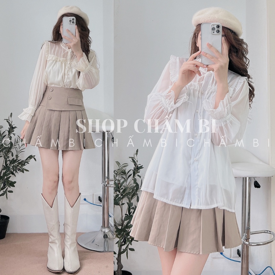 Áo sơ mi bánh bèo A.285, Áo sơ mi dáng babydoll cổ bèo thắt nơ cùng tay bèo cúc ngọc 2 màu ngọt ngào