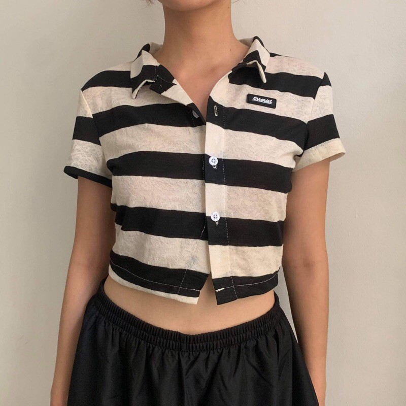 Áo ERRORIST polo croptop sọc màu hồng trắng/ đen trắng