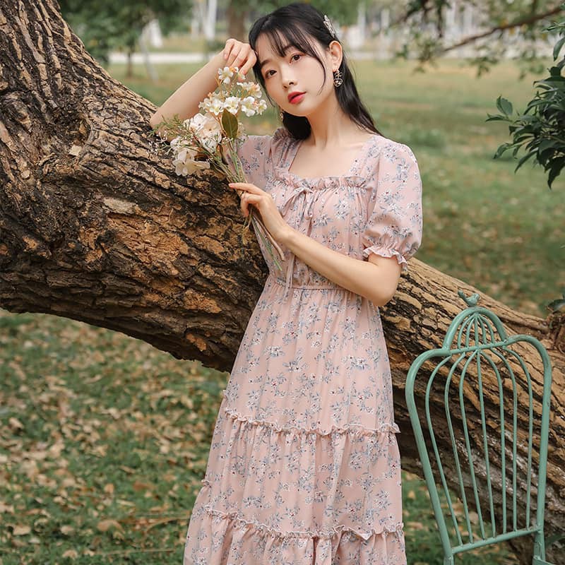 Váy hoa nhí vintage cổ bèo ba tầng đính nơ tiểu thư phong cách Hàn Quốc