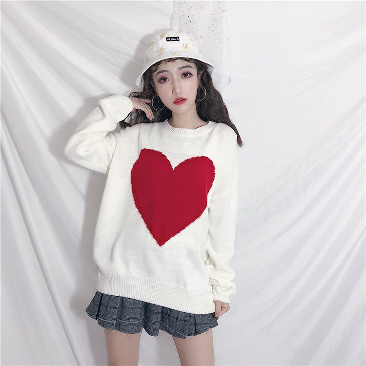 Áo Sweater Dệt Kim Dáng Rộng In Hình Trái Tim Phong Cách Thời Trang Mới Cho Nữ