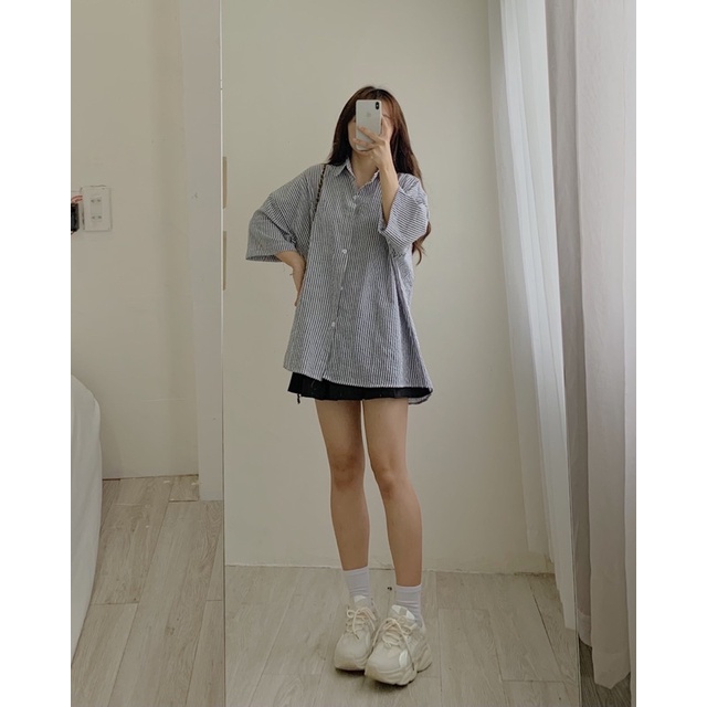 Áo sơ mi kẻ vải xốp tay lỡ 266