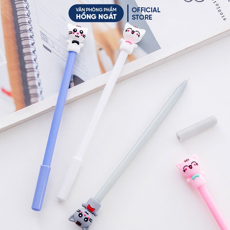Bút bi cute mèo đeo nơ, bút bi nước mực gel đen ngòi 0.5mm nhiều màu dễ thương đồ dùng học tập B13