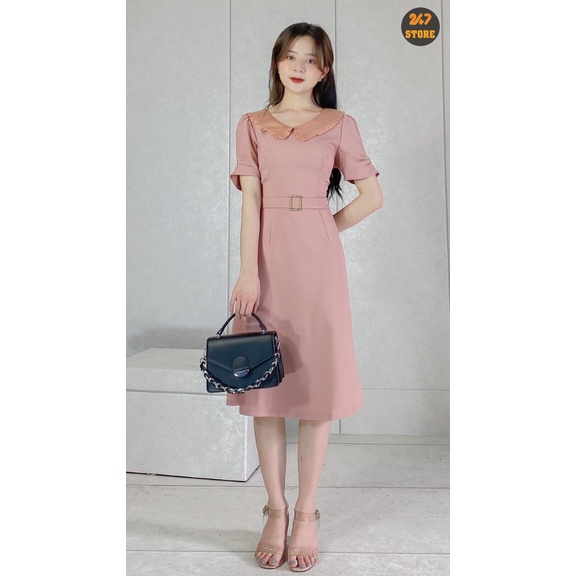 Váy xòe dáng dài cộc tay phối cổ bèo