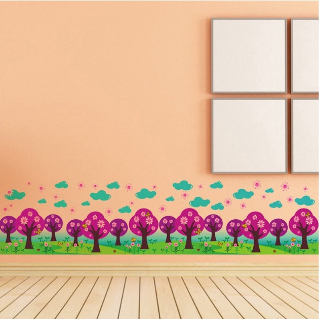 Decal trang trí tường - Chân tường hàng cây tím trên thảm cỏ