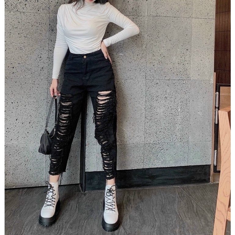 Quần baggy bò rách đen trắng, Quần jean cạp cao QS6363 - NhiNhi Shop