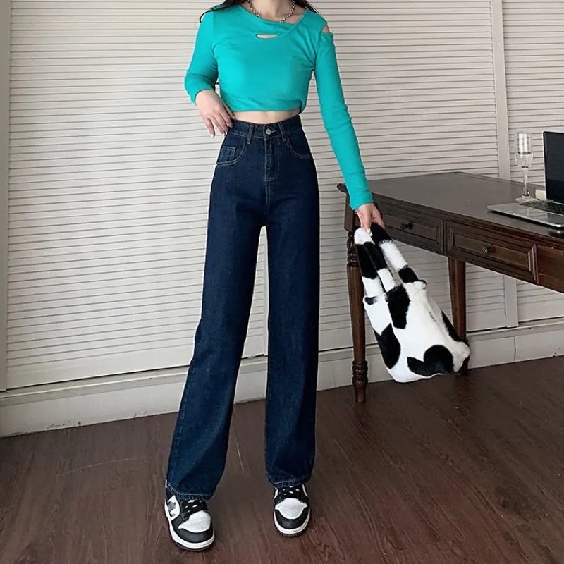 Quần Jeans Nữ Cạp Cao 3 Cúc Sau Màu Xanh Ống Suông Đứng Hàng Quảng Châu Loại 1 Chất Jean Co Dãn Có Túi Mặc Hàng Ngày
