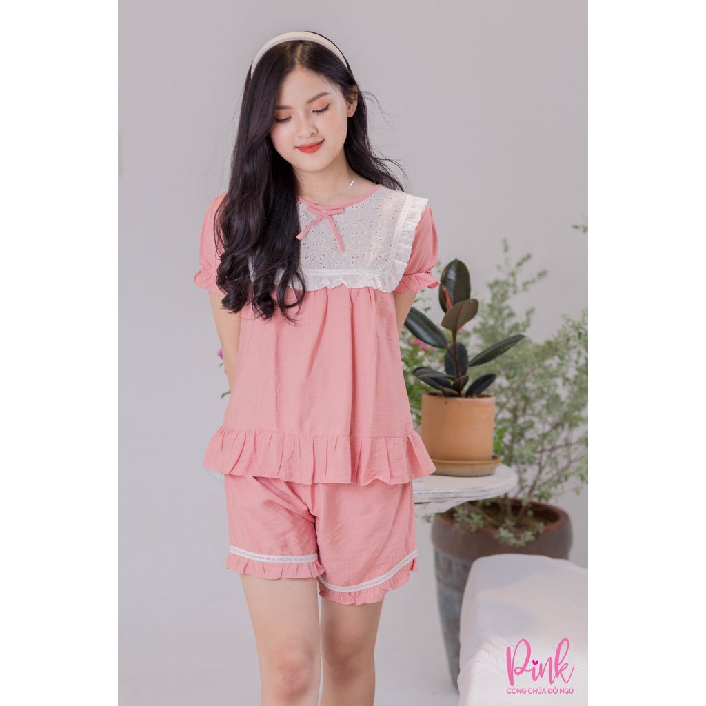 Bộ Ngủ Pijama Nữ Tay Ngắn Quần Đùi Chất Đũi Cao Cấp Màu Hồng Phong Cách Ulzzang Hàn Quốc HOT TREND