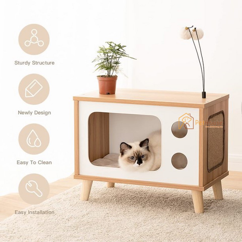 Nhà gỗ cho mèo hình tivi hiện đại sản xuất bởi pethouse chân gỗ hiện đại
