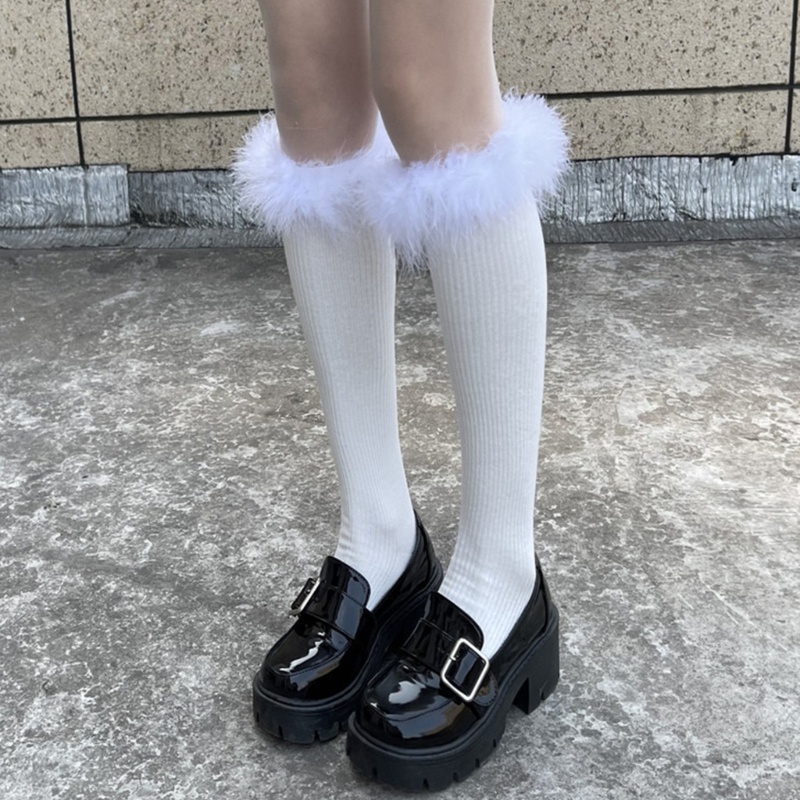Đôi Vớ Cotton Cao Qua Gối Trang Trí Lông Vũ Phong Cách Nhật Bản Dành Cho Nữ