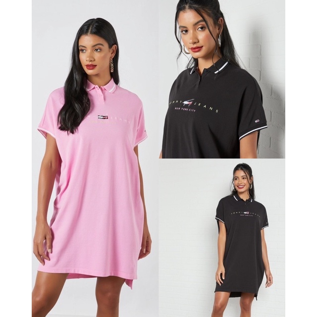 Đầm Tommy polo vải cá sấu xuất xịn, Váy suông đen & hồng form đẹp