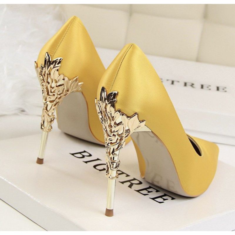 Giày cao gót BIGTREE chính hãng lụa satin màu kem ngà, xanh lục, đỏ tươi, đỏ đô, xám, vàng 9cm size 36, 37, 38