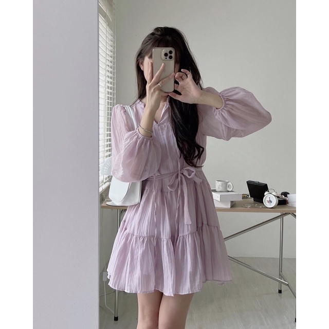 Váy babydoll tơ tay bo 2 lớp dáng xoè Pea Store - Đầm tơ dài tay kèm đai