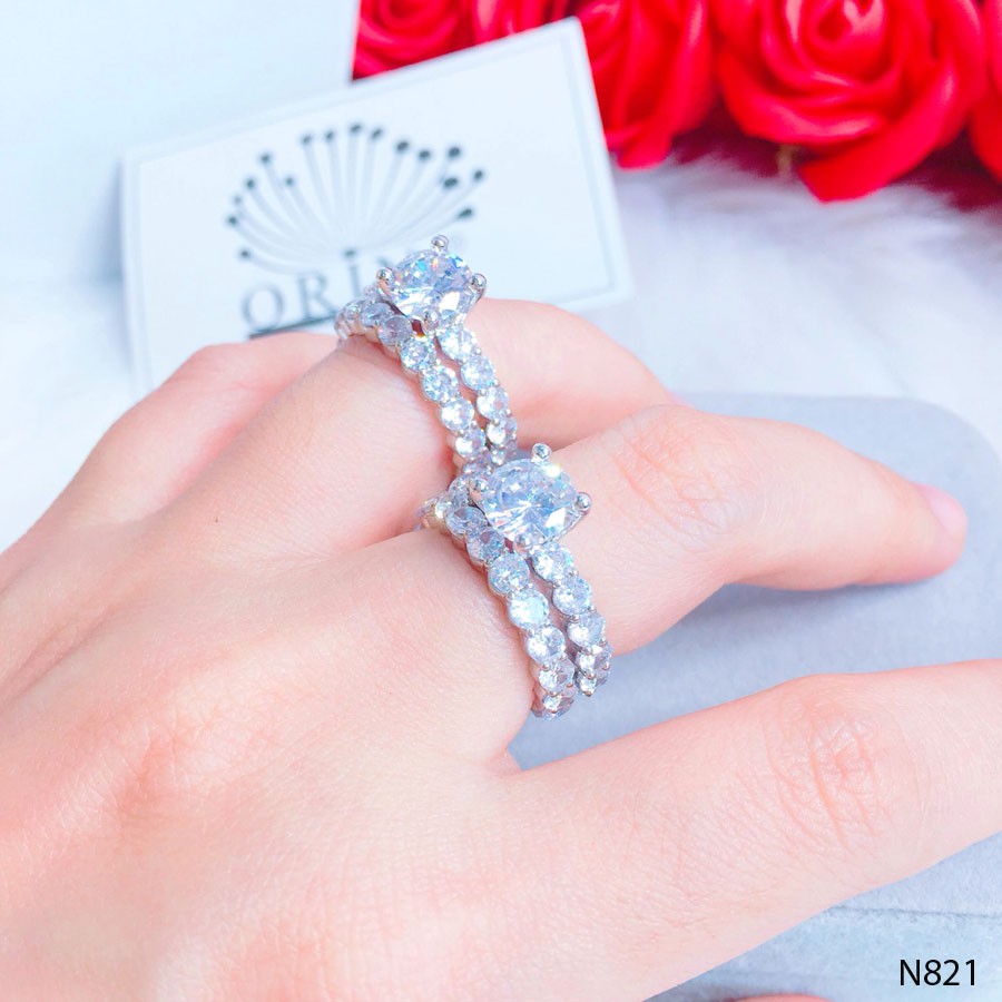 Nhẫn Cặp Nữ 💎𝑭𝑹𝑬𝑬𝑺𝑯𝑰𝑷 💎Set 2 nhẫn bạc nữ đính đá cao cấp thanh lịch