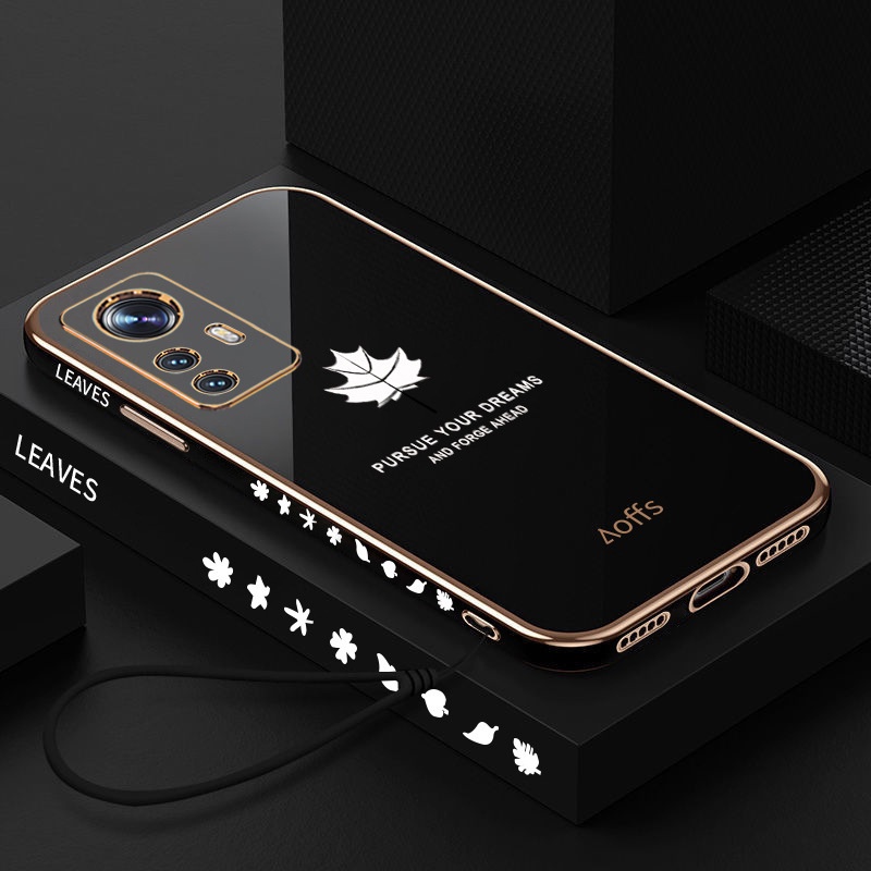 Ốp Điện Thoại Mềm Thẳng Mạ Điện Họa Tiết Lá Phong Có Dây Đeo Cho Xiaomi 11 Lite 5G NE Mi 12 Lite 12x 11T 12T Pro 2022