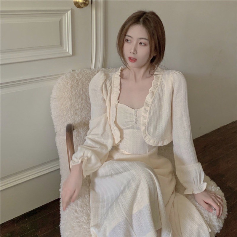 [SẴN] Set đầm maxi 2 dây + áo khoác croptop cardigan dài tay phong cách thanh lịch SAM SAM BOUTIQUE