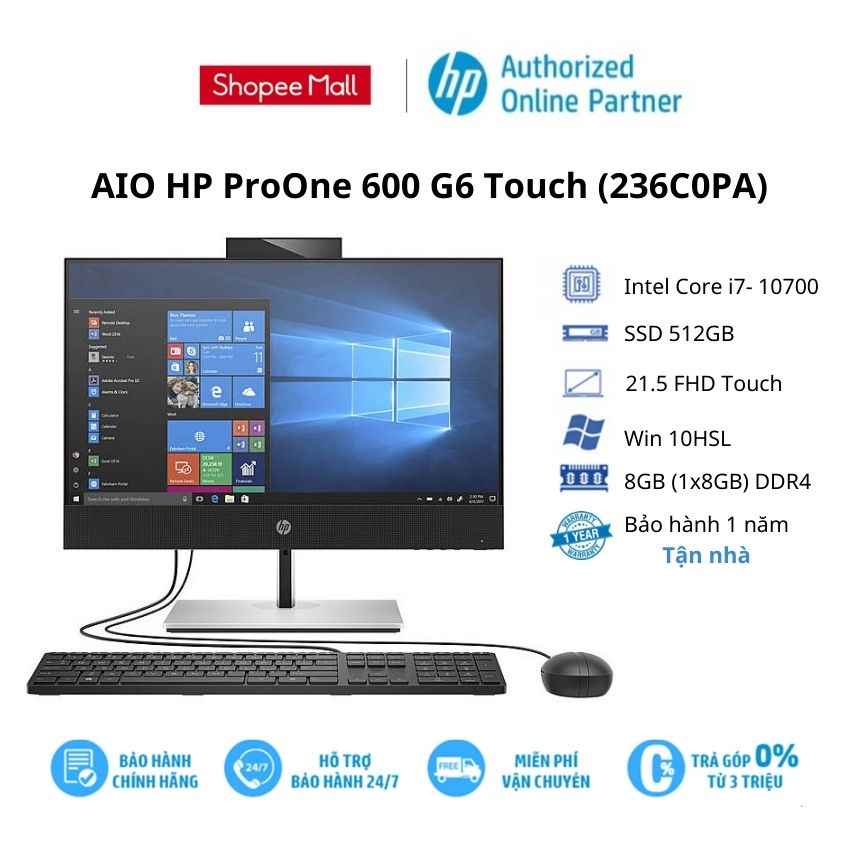 [ELHP15 giảm 10% tối đa 2TR2] Máy tính để bàn HP ProOne 600 G6 AiO Touch (236C0PA)/Core i7/ RAM 8GB/ SSD 512GB/ 21.5''