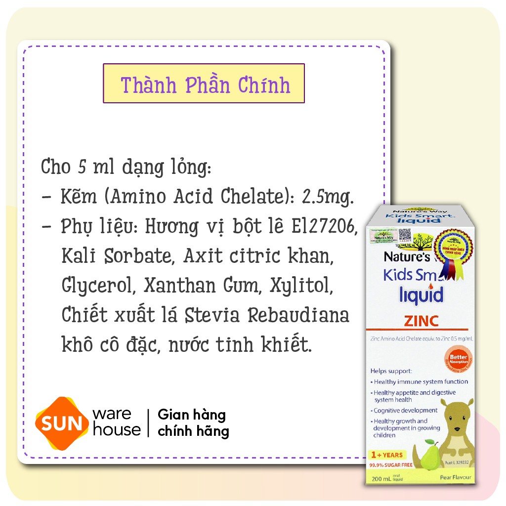 Siro Uống Nature's Way Kids Smart Liquid Zinc Bổ Sung Kẽm, Tăng Sức Đề Kháng Cho Bé 200ml