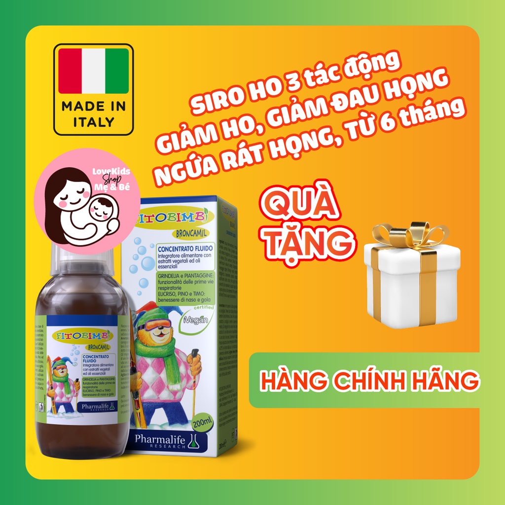 Siro ho 3 tác động - Giảm ho, giảm đờm, giảm viêm họng - Fitobimbi Broncamil [CHÍNH HÃNG] - Kèm quà tặng