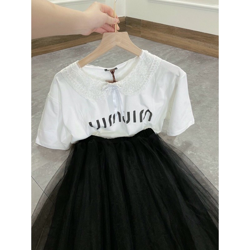 Sét áo phông cổ bèo ren nơ mix chân váy dập ly 2 lớp cực xinh luôn ạ Chất áo cotton tàu | BigBuy360 - bigbuy360.vn