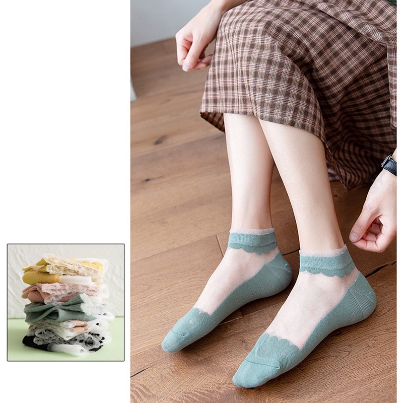 Lace Reffles Thin Girls Sheer Socks Japanese Sweet Transparent Glass Silk Cool Female Low Top Socks Candy Color Women Sexy Socks