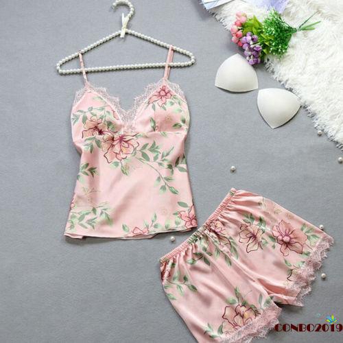 Set Đồ Ngủ Vải Satin Phối Ren Hoa Quyến Rũ Cho Nữ