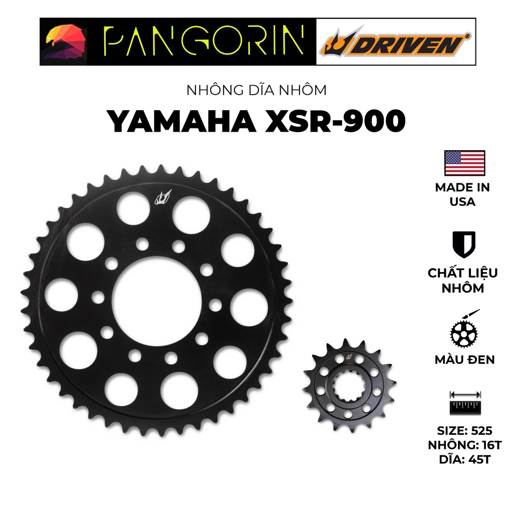 Driven Racing - Nhông dĩa cho xe phân khối lớn mô tô Yamaha XSR-900 chất liệu nhôm, màu sắc đen