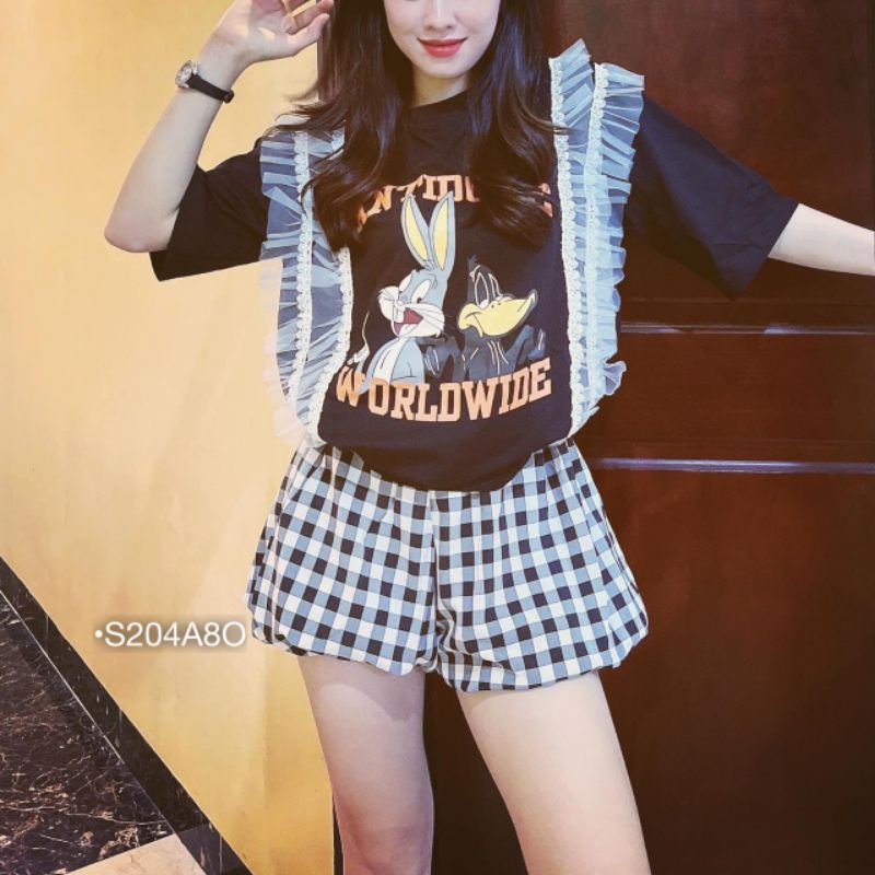 Set Đồ Nữ Ống Rộng Set Bộ Áo Phông Thỏ Tay Bèo Lưới Quần Short Bí Caro Cạp Chun S204A8O
