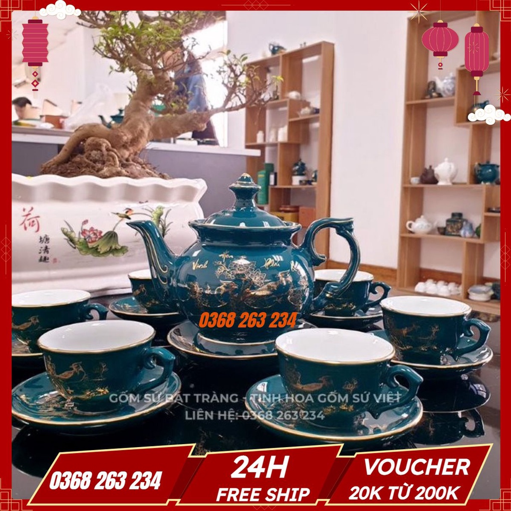 Bộ Ấm Chén Uống Trà, Bộ Ấm Chén Bát Tràng Cao Cấp - Vinh Hoa Phú Quý Xanh Mallard
