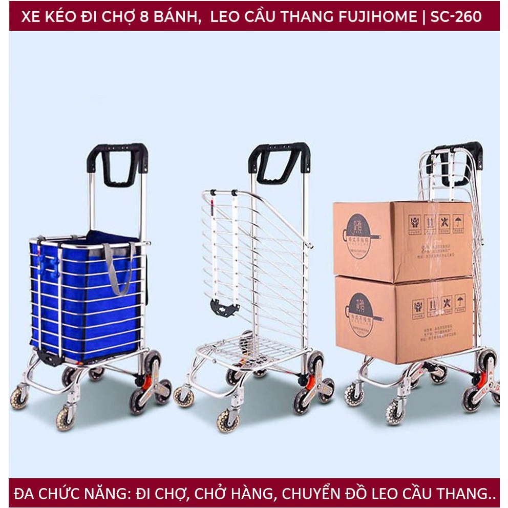 Xe kéo đi chợ leo cầu thang 8 bánh Nhật Bản Nhập Khẩu 60kg, xe đẩy hàng đi chợ gấp gọn có giỏ túi đa năng inox mini