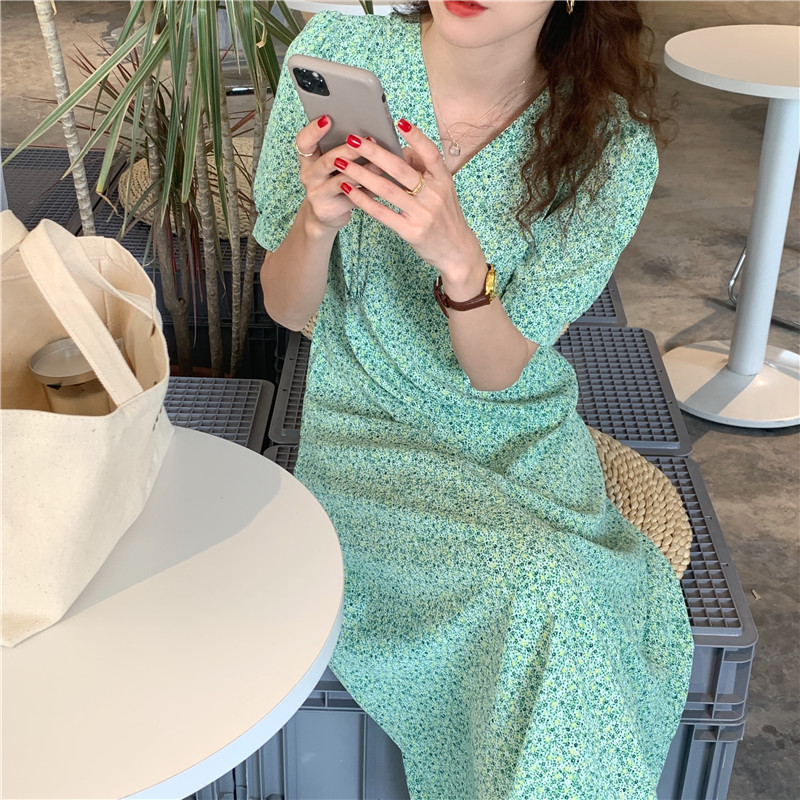 Đầm Voan Hoa Tay Ngắn Cổ Chữ V Thời Trang Hàn Quốc 43182