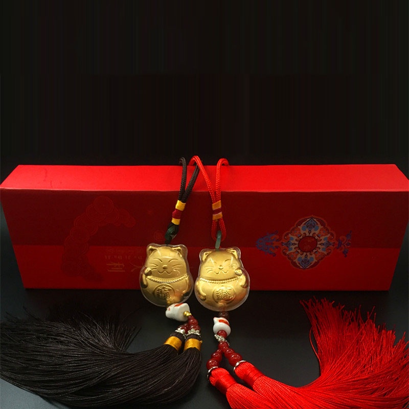 Dây Treo Hình Mèo Thần Tài Maneko Neko Màu Vàng Tua Đỏ May Mắn