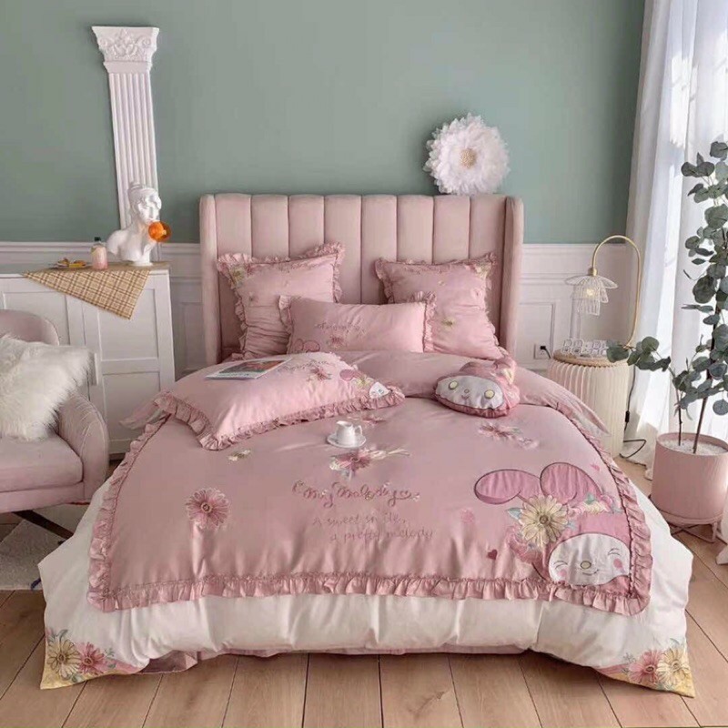 Set chăn ga gối 7 món lụa thêu hình thỏ dễ thương bánh bèo cho mùa đông và hè