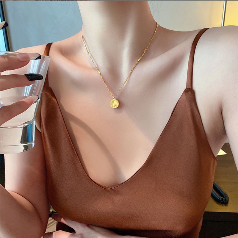 Dây chuyền titan nữ KHÔNG GỈ vòng cổ vàng mạ 18k mặt chữ phúc phong cách retro cổ điển sang trọng trang sức titan cao cấp