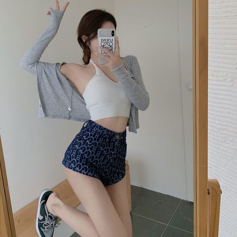Quần Short Jean Lưng Cao In Chữ Y2K Cá Tính Cho Nữ