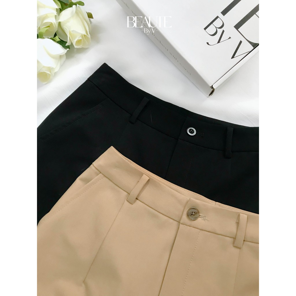 BEAUTEBYV - Quần nữ dáng côn so le gấu đính khuy trang trí Soy