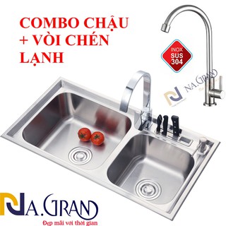 Combo chậu rửa chén bát inox 304 n24 8143 và vòi rửa chén lạnh +bộ xả chậu inox 304