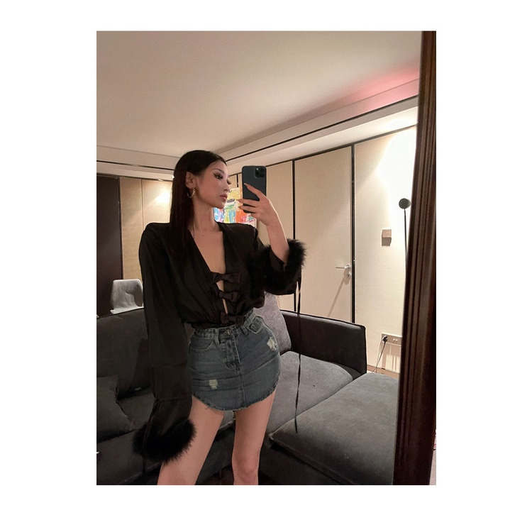 Phong Cách Mùa Thu Mới!F &amp; X Áo Sơ Mi Một Mảnh Tay Dài Cổ Chữ v Ôm Dáng Phong Cách Phương Tây Thời Trang Mùa Thu Quyến Rũ Dành Cho Nữ