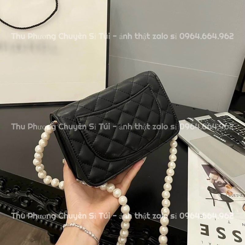 Túi đeo chéo, đeo vai trần ô chéo logo đính nổi - hàng dây ngọc siêu sang chảnh (ảnh thật shop chụp)