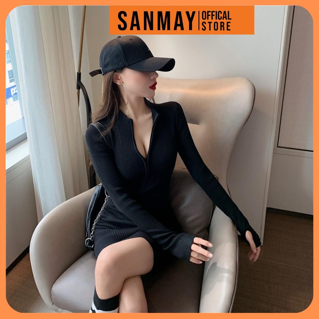 Đầm Body Sexy SANJOLI Váy Ôm Dáng Nhún Eo Nữ Dài Tay, Thiết Kế Vải Thun Trắng Đen Đi Dự Tiệc Cưới VD054 | BigBuy360 - bigbuy360.vn