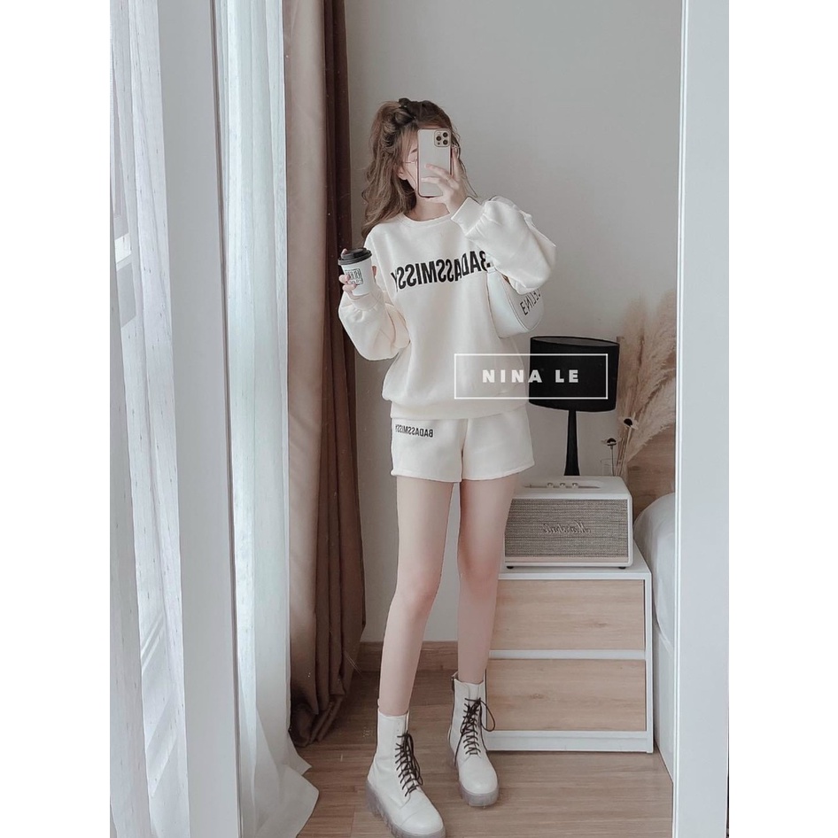 Set bộ áo kèm quần short - chất liệu nỉ bông mềm mịn - thiết kế họa tiết chữ in 3D