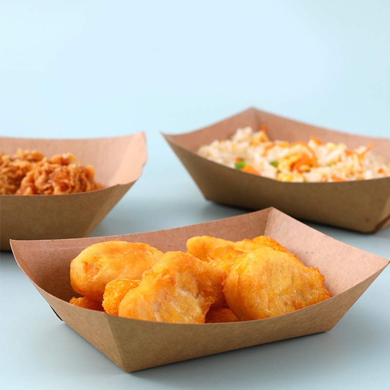 Combo 100 Khay giấy kraft dáng thuyền đa dạng size (5Size), đựng cá viên, đồ ăn nhanh,...