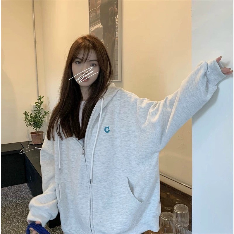 Áo Khoác Hoodie Họa Tiết Chữ C Fom Rộng Có Dây kéo Thời Trang Phong Cách HÀn Sành Điệu Trẻ Trung thoi trang shop valenti