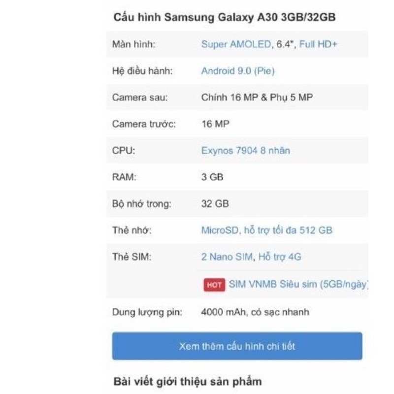 Điện thoại Sámung Galaxy A30(3/32GB)Cũ 99%- Hàng chính hãng