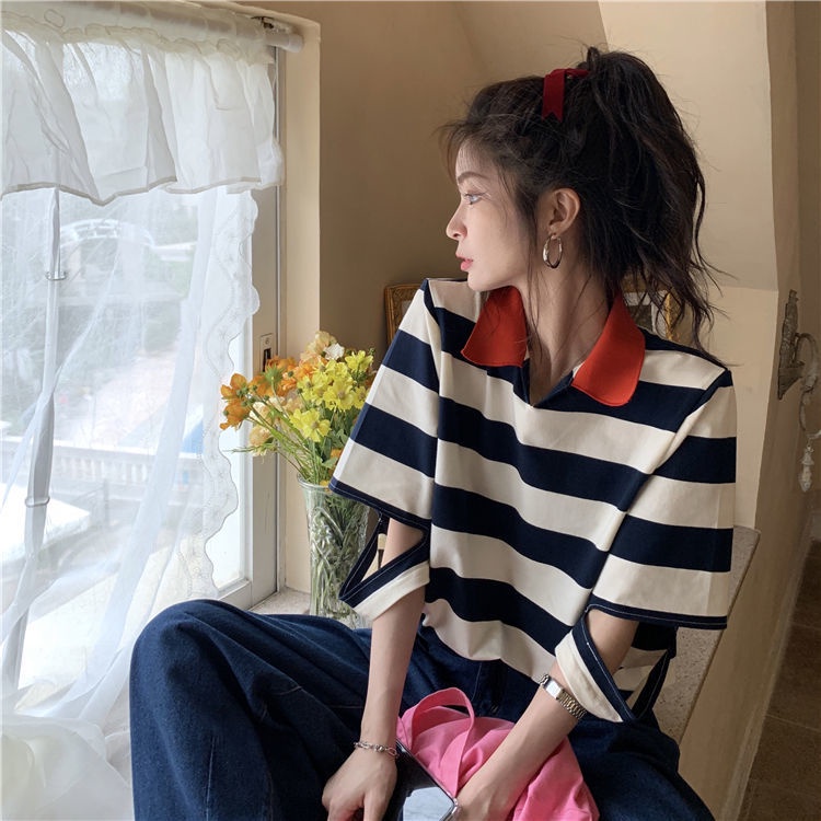 Áo Thun Polo Dáng Rộng Họa Tiết Kẻ Sọc Tay Ngắn Cổ Chữ V Phong Cách Thời Trang Mùa Hè Cho Nữ | BigBuy360 - bigbuy360.vn