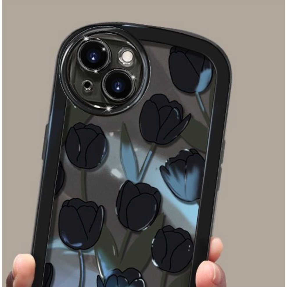 Ốp Điện Thoại Màu Đen Họa Tiết Hoa Tulip Cho iPhone 12 13 11 Pro Max X Xs Max Xr